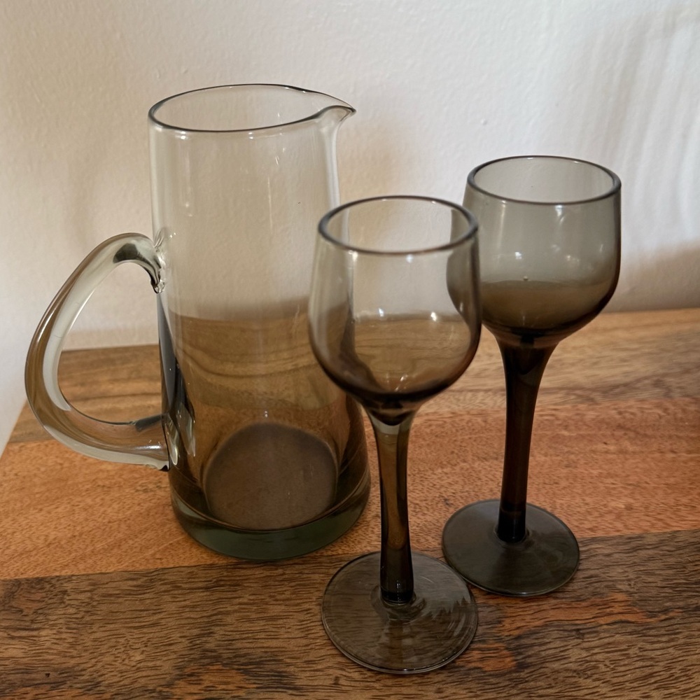 Elegant Smoke Glass Pitcher and Goblet Set -Excellent for Sherry